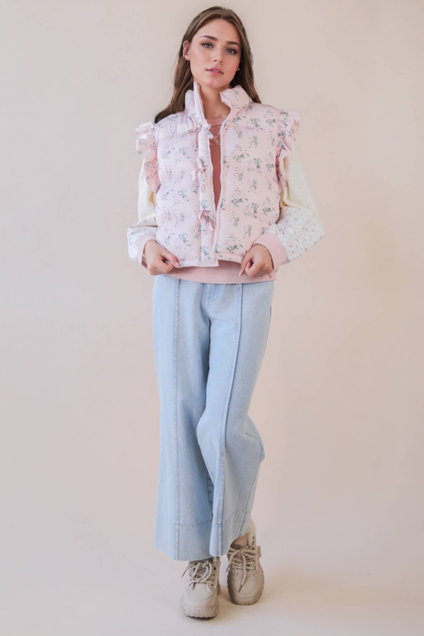 Front Bow Ruffle Sleeve Puffer Vest vest