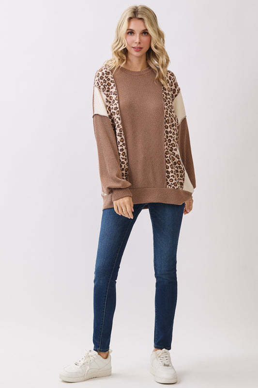 Color Block Rib Knit Oversized Top Tops