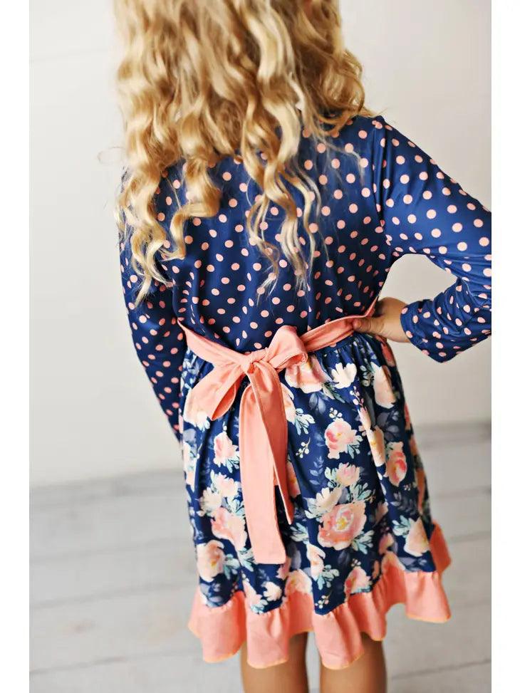 Kids Navy Coral Floral Long Sleeve Ruffle Dress - Moonlight Boutique