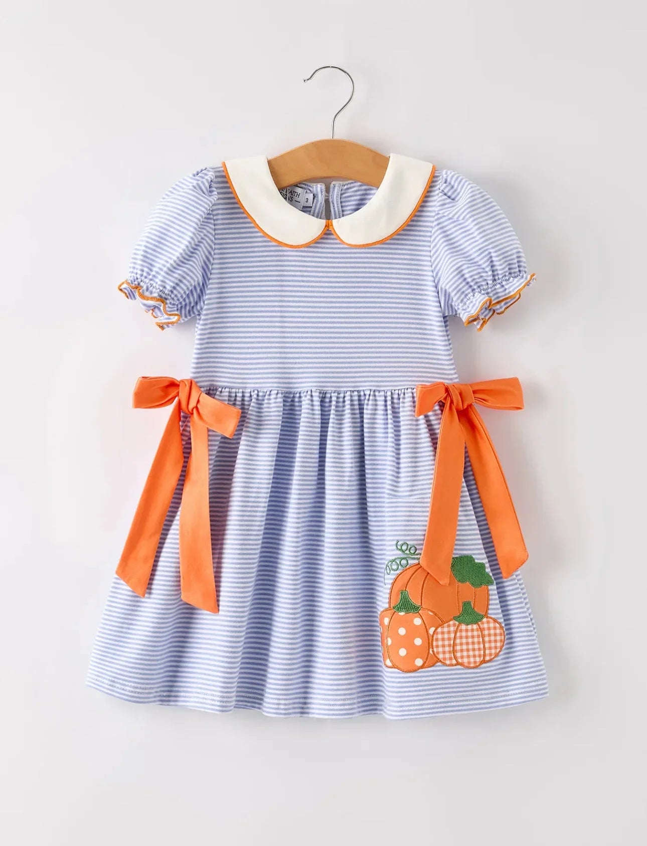 Fall Thanksgiving & Halloween Lapel Striped Pumpkin Appliqué Bow Girls Dress