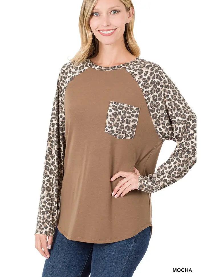 LS Leopard Raglan Sleeve Patch Pocket Top - Moonlight Boutique