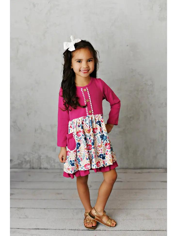 Kids Bright Pink Woodland Animal Print Pocket Dress - Moonlight Boutique