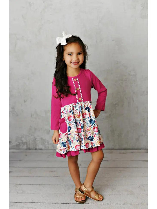 Kids Bright Pink Woodland Animal Print Pocket Dress - Moonlight Boutique