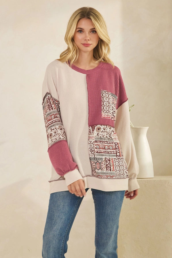 Patchwork Knit Long Sleeve Pullover Top - Oatmeal & Burgundy Color Block Sweater