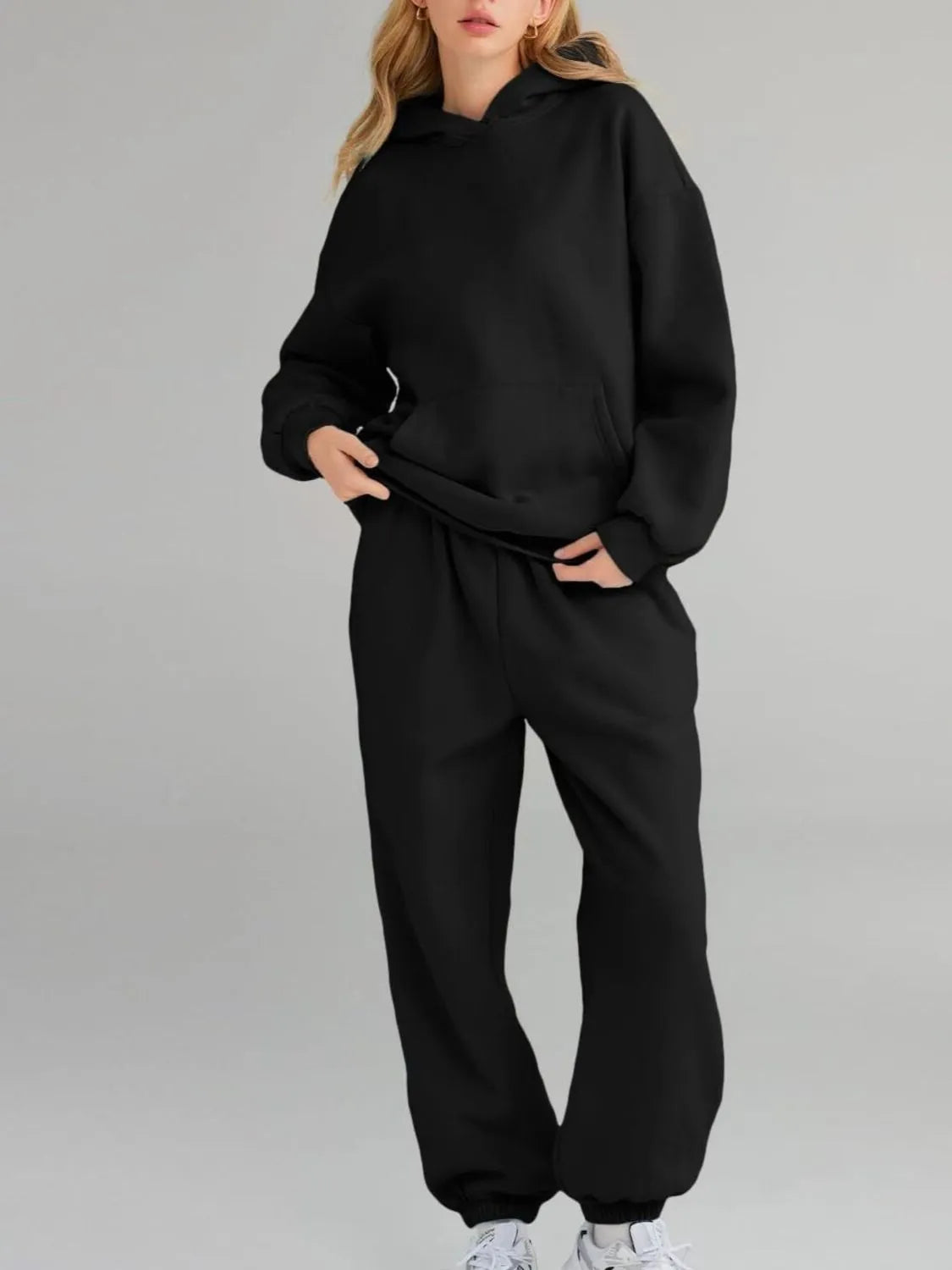 Full Size Kangaroo Pocket Hoodie and Joggers Set Plus Size Clothing Set Black