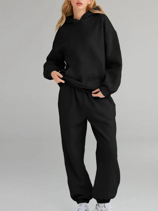 Full Size Kangaroo Pocket Hoodie and Joggers Set Plus Size Clothing Set Black