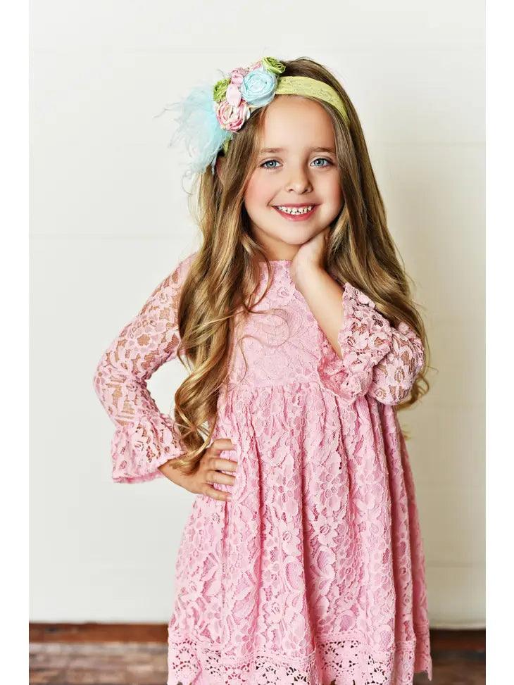 Kids Light Pink Lace Knee Length Fancy Dress - Moonlight Boutique