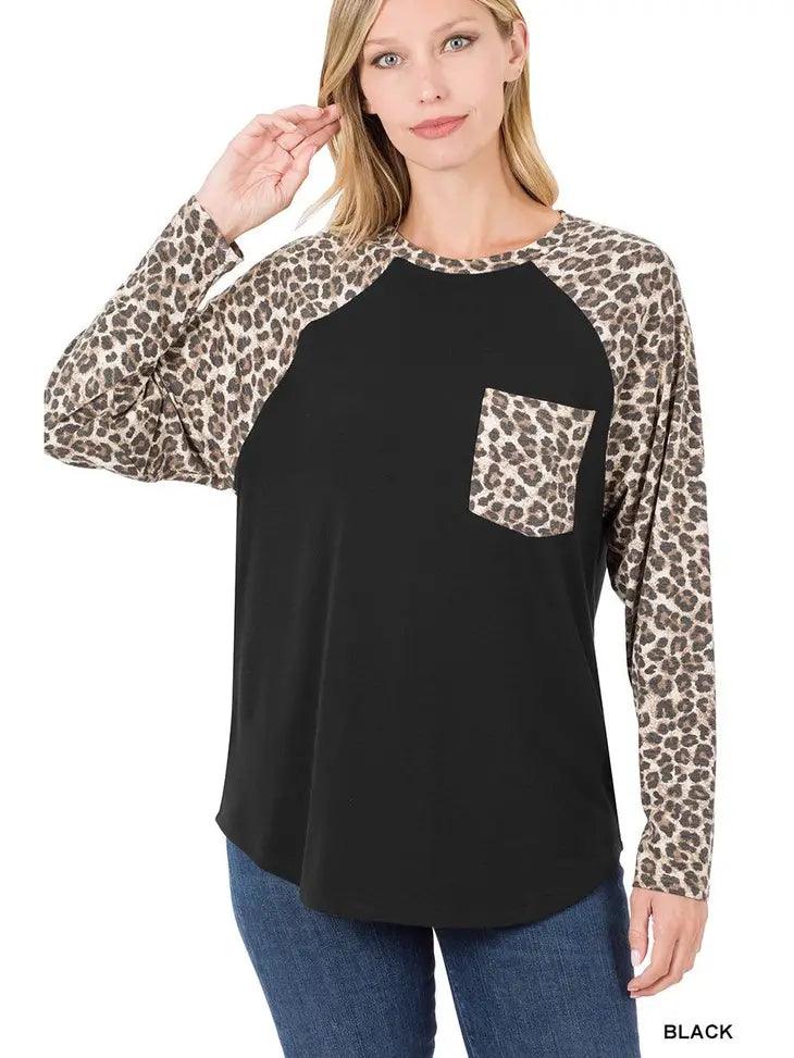 LS Leopard Raglan Sleeve Patch Pocket Top - Moonlight Boutique