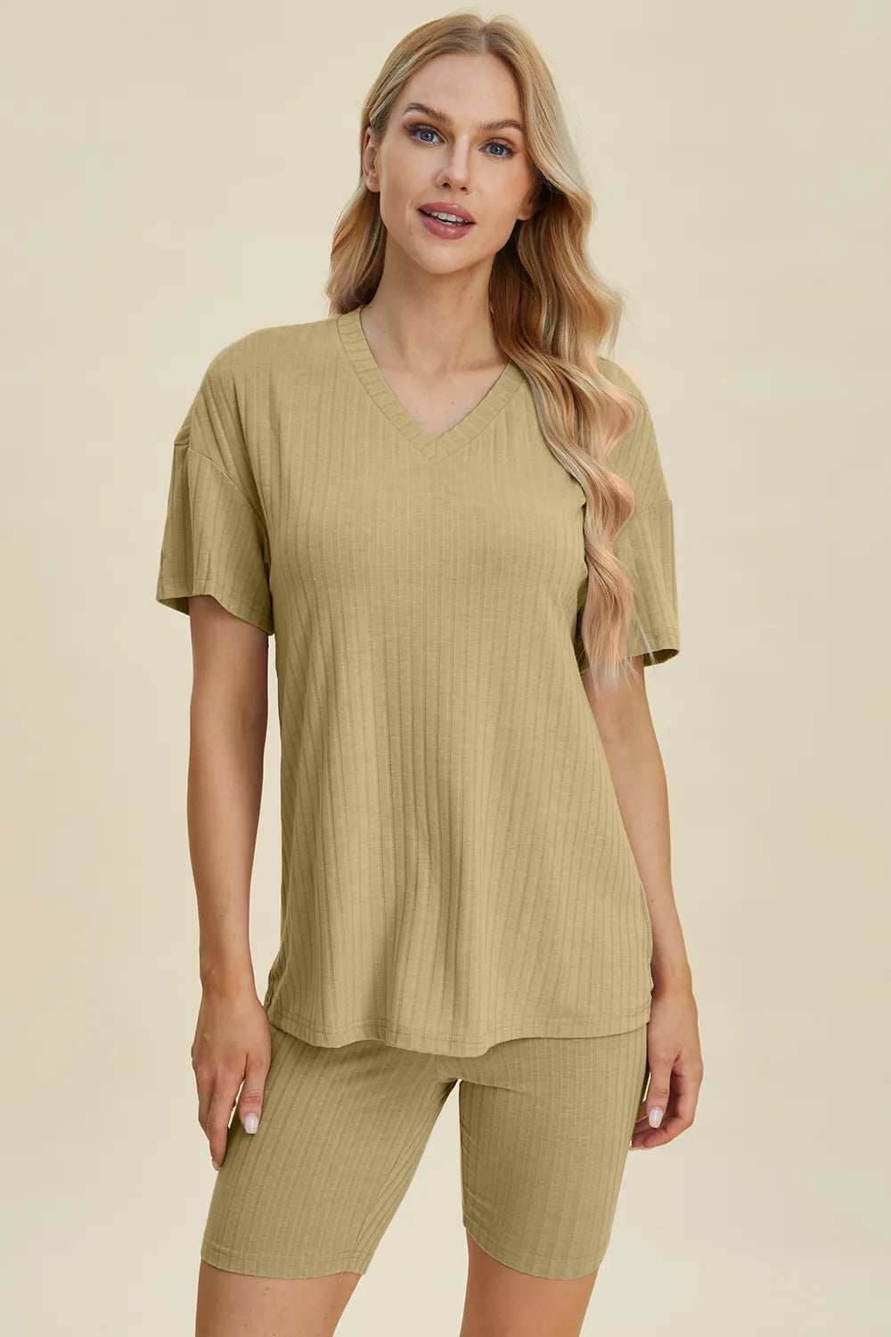 Basic Bae Full Size Ribbed V-Neck Short Sleeve Top and Shorts Set Clothing Set Chartreuse