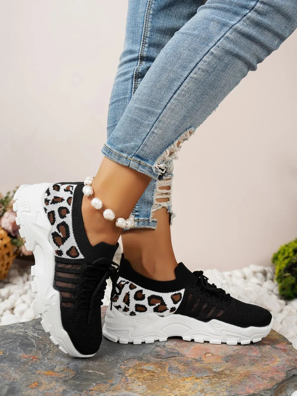 Cutout Leopard Lace Up Mesh Athletic Shoes
