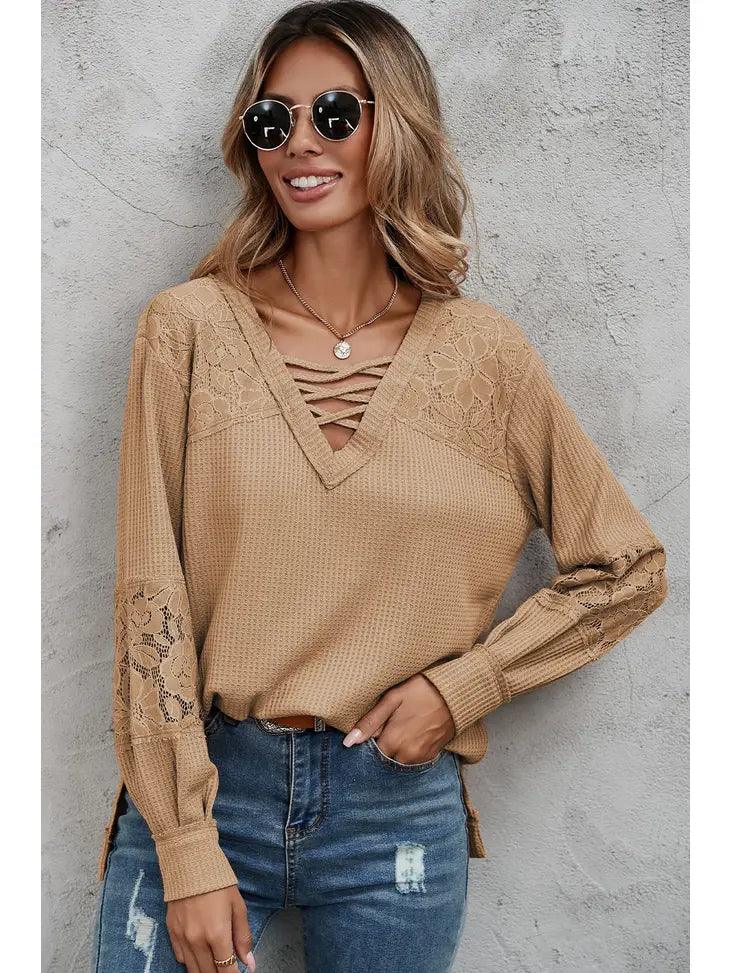 Apricot Lace Waffle Patchwork Strappy V Neck Long Sleeve Top - Moonlight Boutique