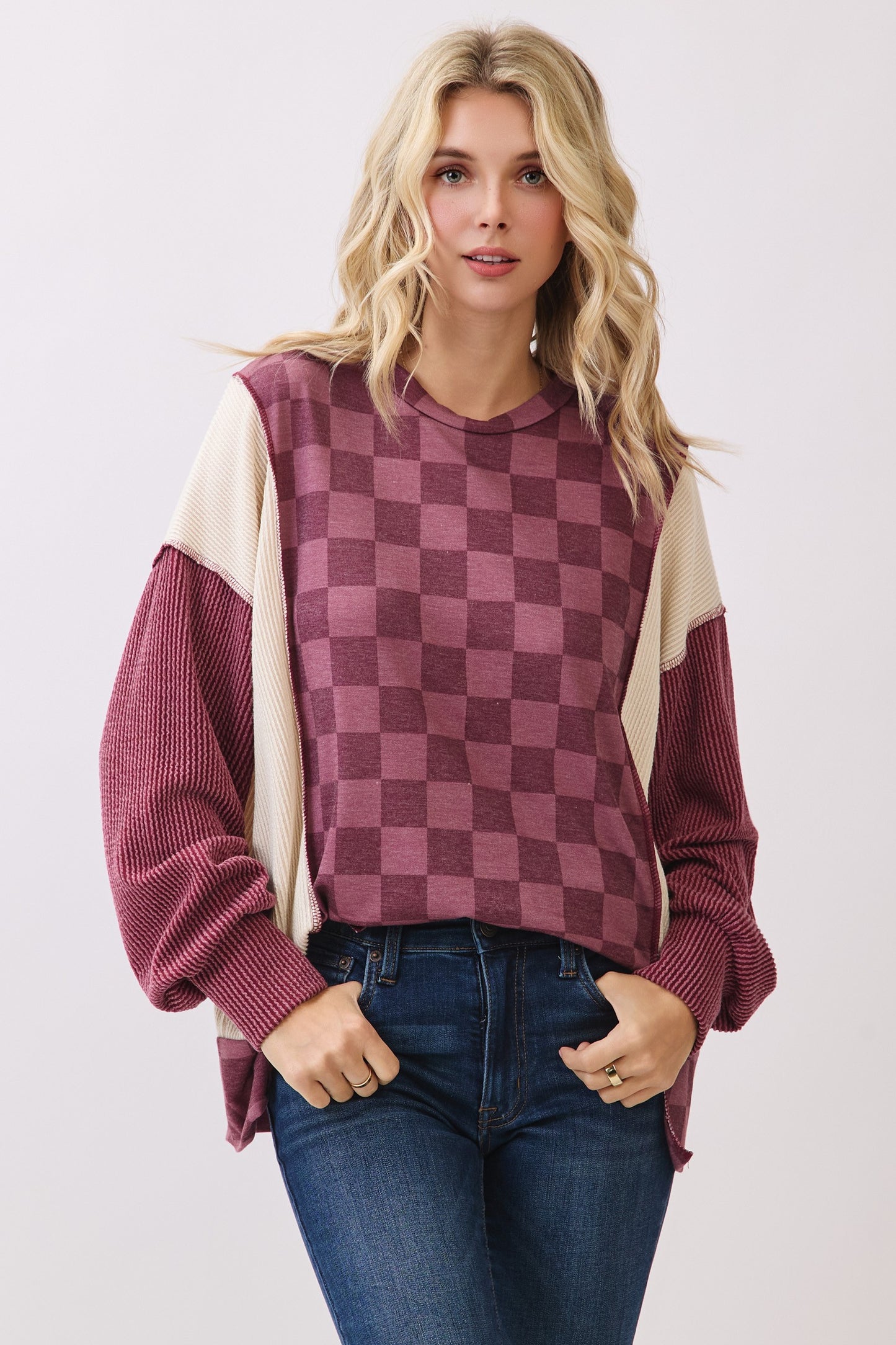 Checkered Print Long Sleeve Pullover Top Tops