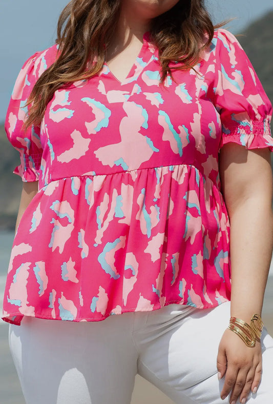 Abstract Print Puff Sleeve V-neck Blouse