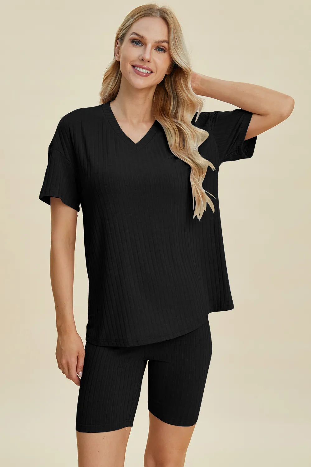 Basic Bae Full Size Ribbed V-Neck Short Sleeve Top and Shorts Set Clothing Set Black