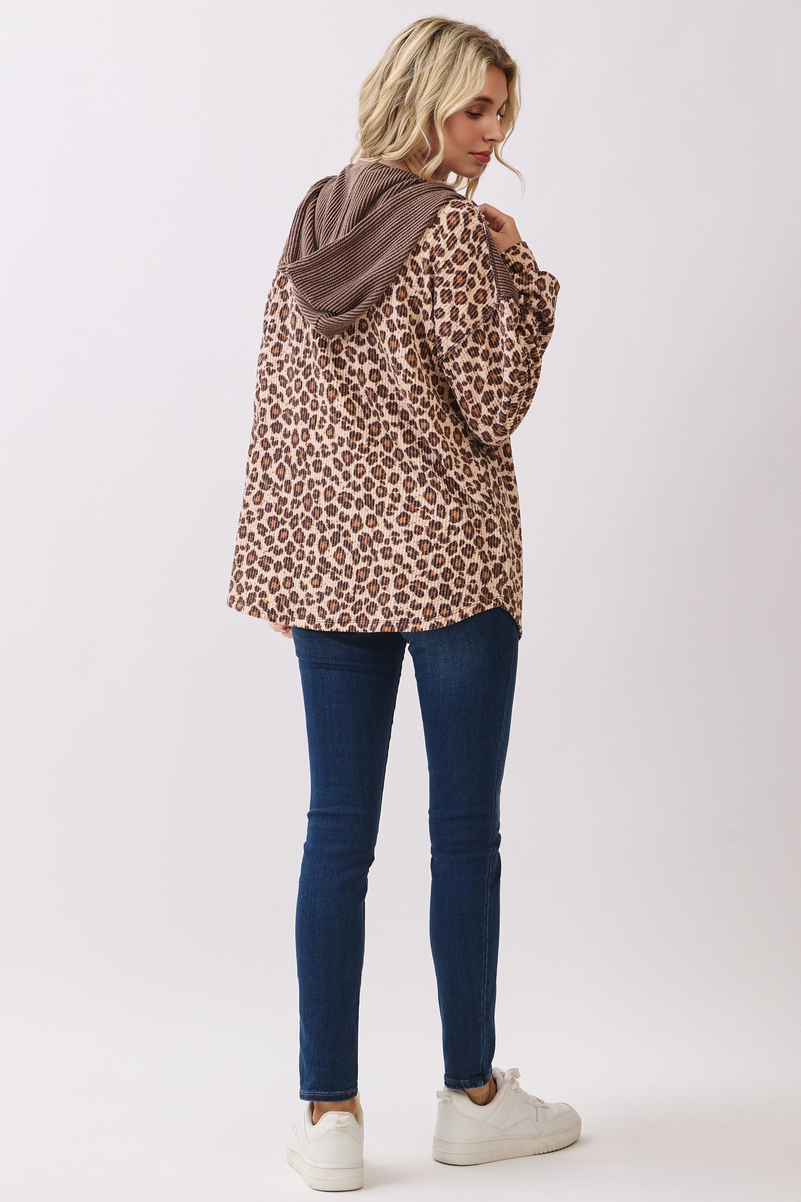 Leopard Button Front Drawstring Hooded Sweatshirt Tops