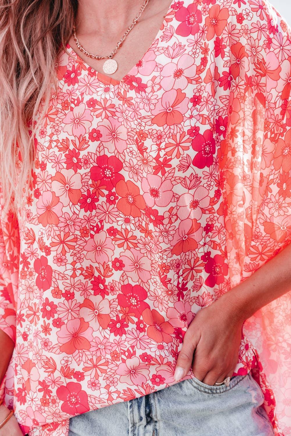 Boho Floral V Neck Kimono Style Blouse - Moonlight Boutique