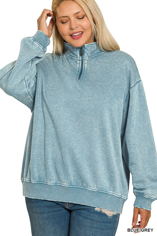 Zenana Plus Acid Wash Half Zip Pillover