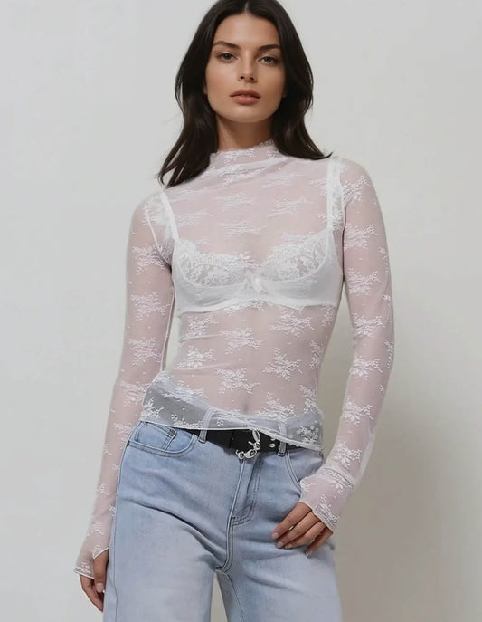 Lux Layering Floral Lace See Through Mesh Top