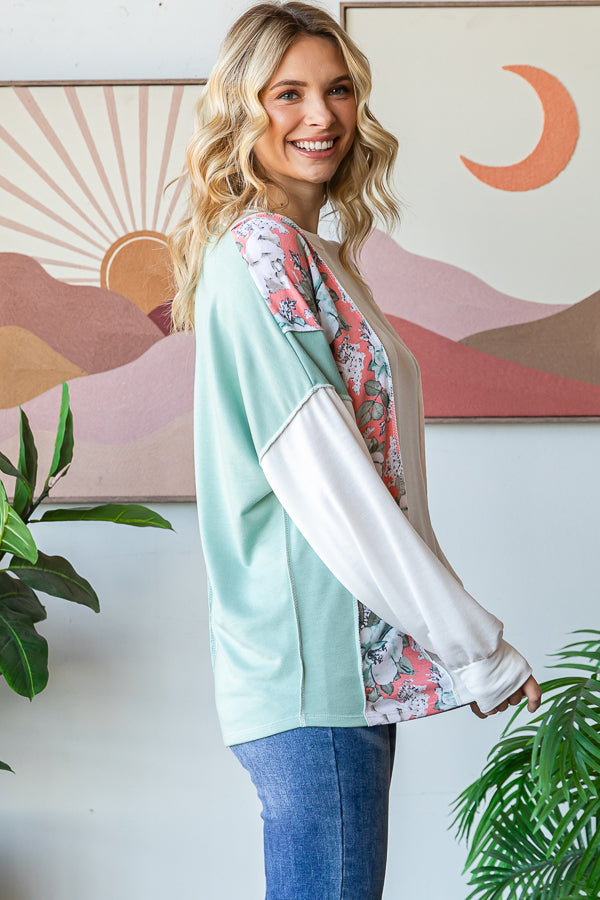 Floral Colorblock Long Sleeve Top - Stylish and Comfortable Casual Top