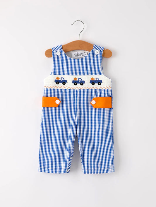 Fall Pumpkin Truck Smock Embroidered Baby Boy Romper