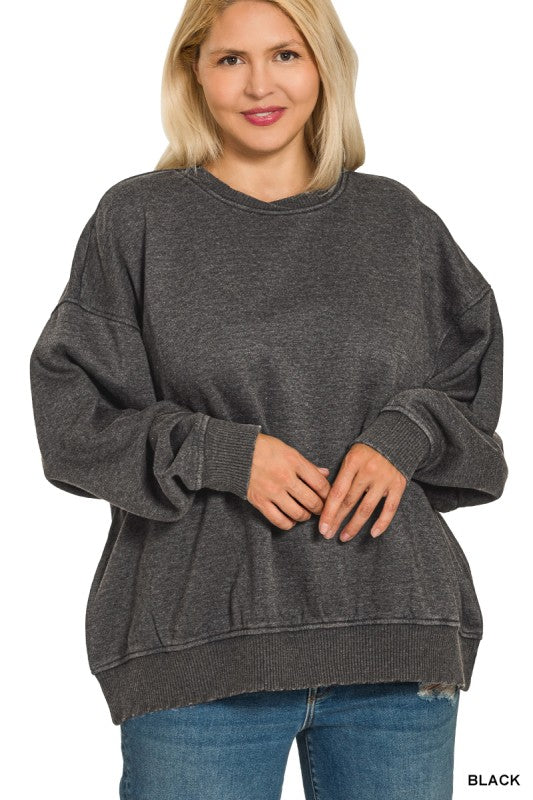 Plus Acid Wash Oversized Fleece Pullover Sweatshirt Black