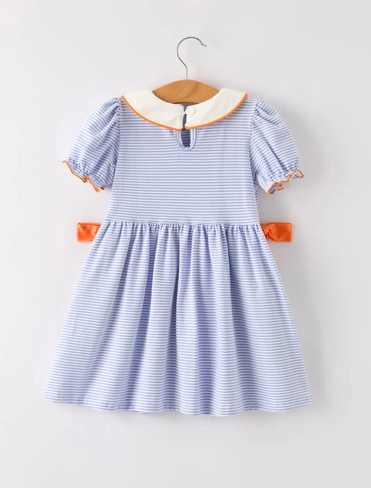 Fall Thanksgiving & Halloween Lapel Striped Pumpkin Appliqué Bow Girls Dress