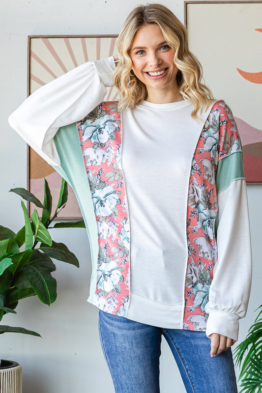 Floral Colorblock Long Sleeve Top - Stylish and Comfortable Casual Top