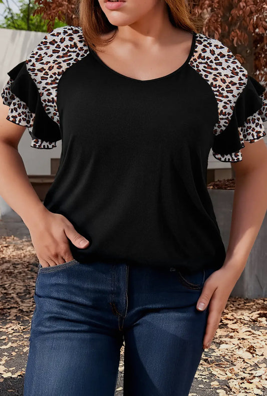 Leopard Ruffle Patchwork Sleeve Summer Top
