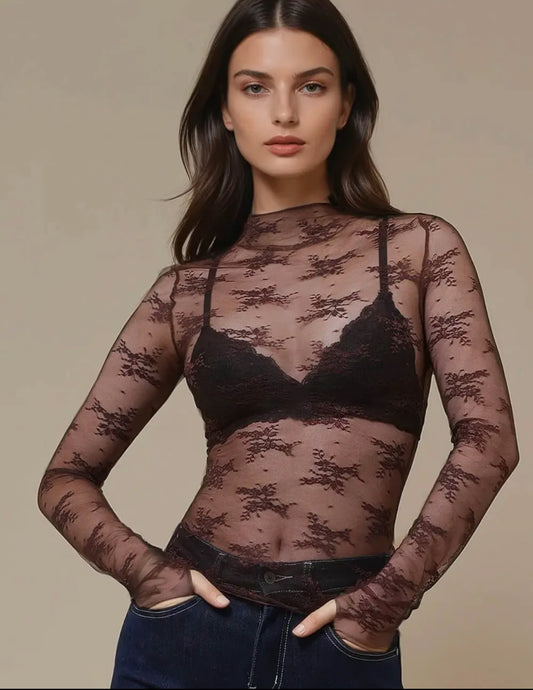 Lux Layering Floral Lace See Through Mesh Top