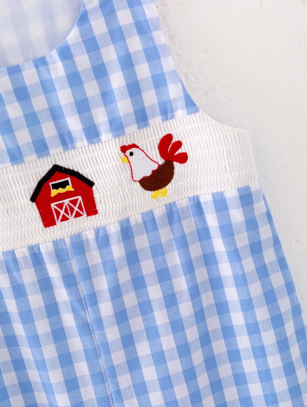 Chicken Plaid Woven Smocking Embroidered Baby Boys Romper