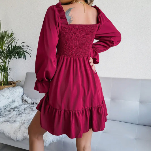 Solid Square Collar Long Sleeve Dress