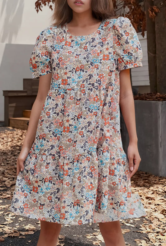 Vintage Floral Print Short Sleeve Mini Dress