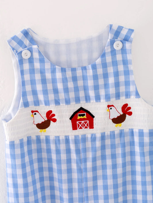 Chicken Plaid Woven Smocking Embroidered Baby Boys Romper