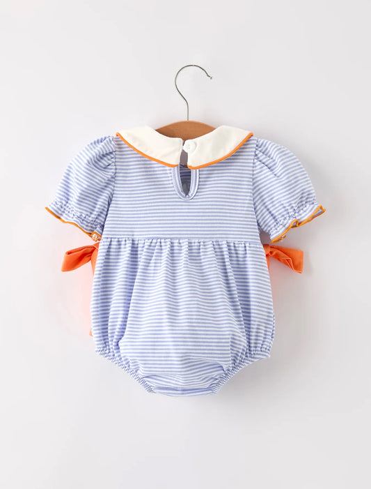 Fall Thanksgiving & Halloween Lapel Striped Pumpkin Appliqué Bow Girls Romper