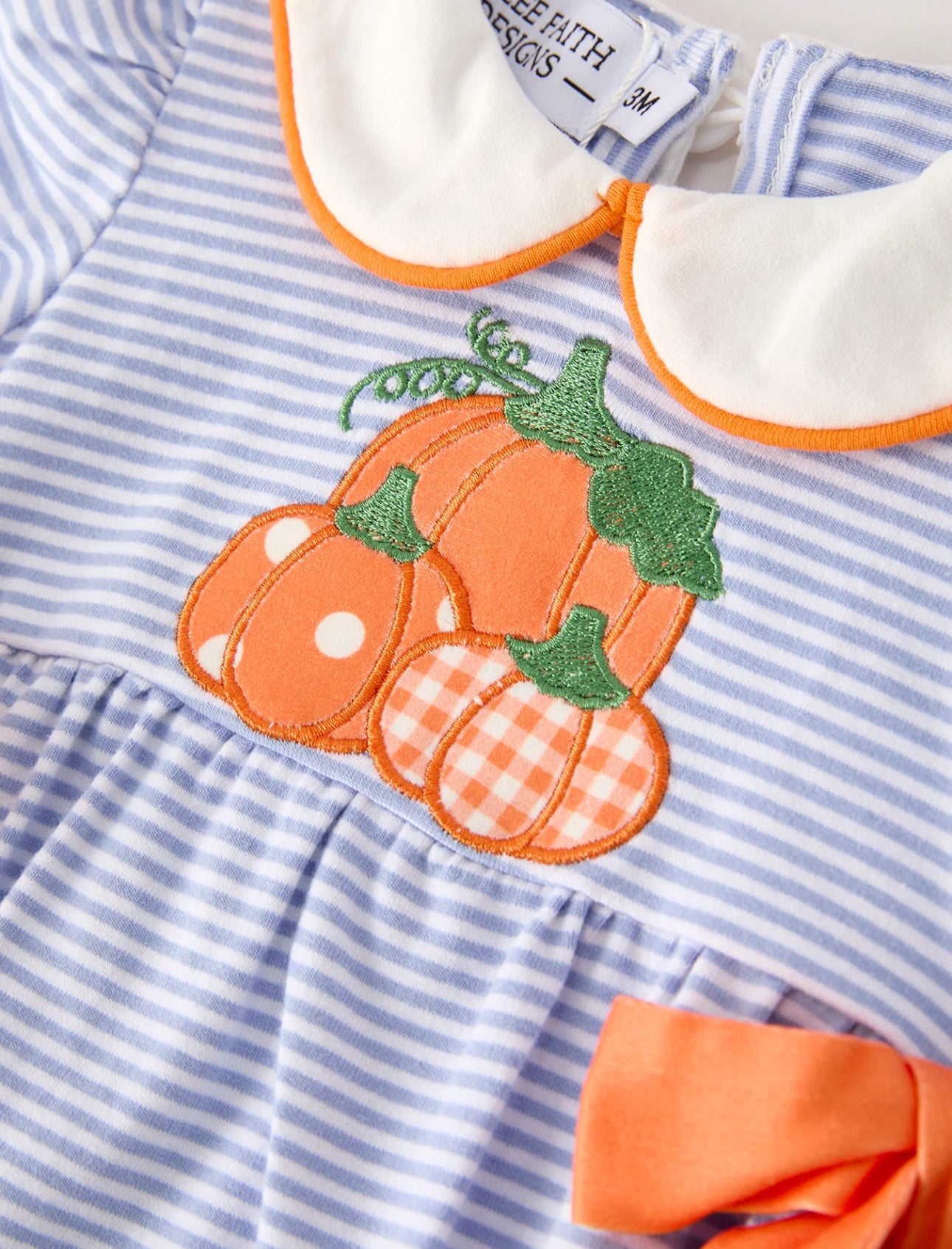 Fall Thanksgiving & Halloween Lapel Striped Pumpkin Appliqué Bow Girls Romper