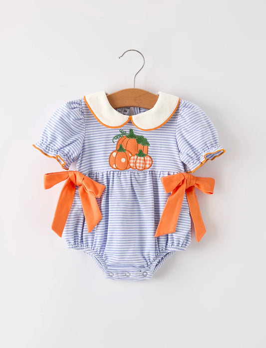 Fall Thanksgiving & Halloween Lapel Striped Pumpkin Appliqué Bow Girls Romper
