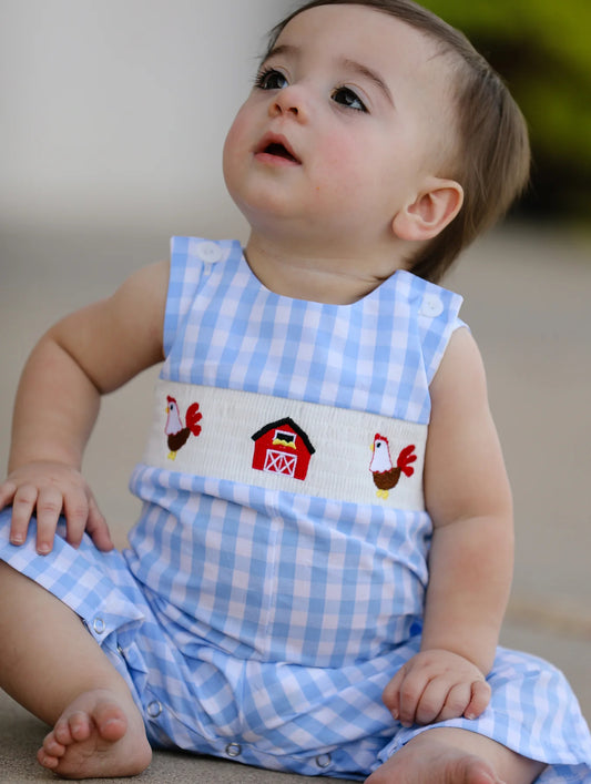 Chicken Plaid Woven Smocking Embroidered Baby Boys Romper