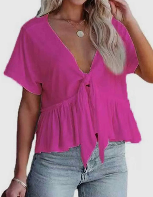 Solid Color Ruffle String Tie Short Sleeve Top