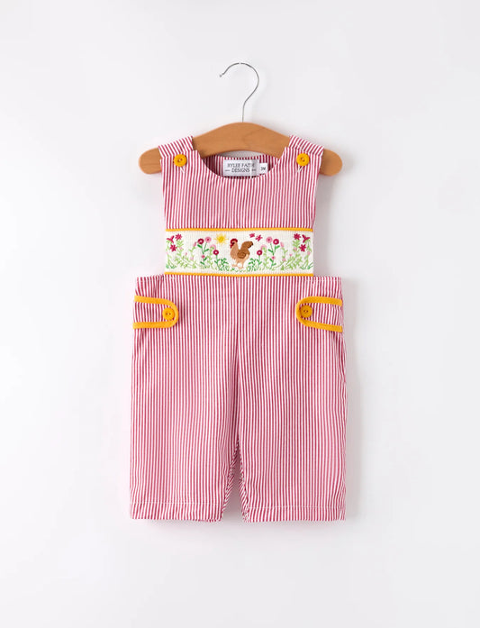 Autumn Rooster Smock Embroidered Baby Boys Romper