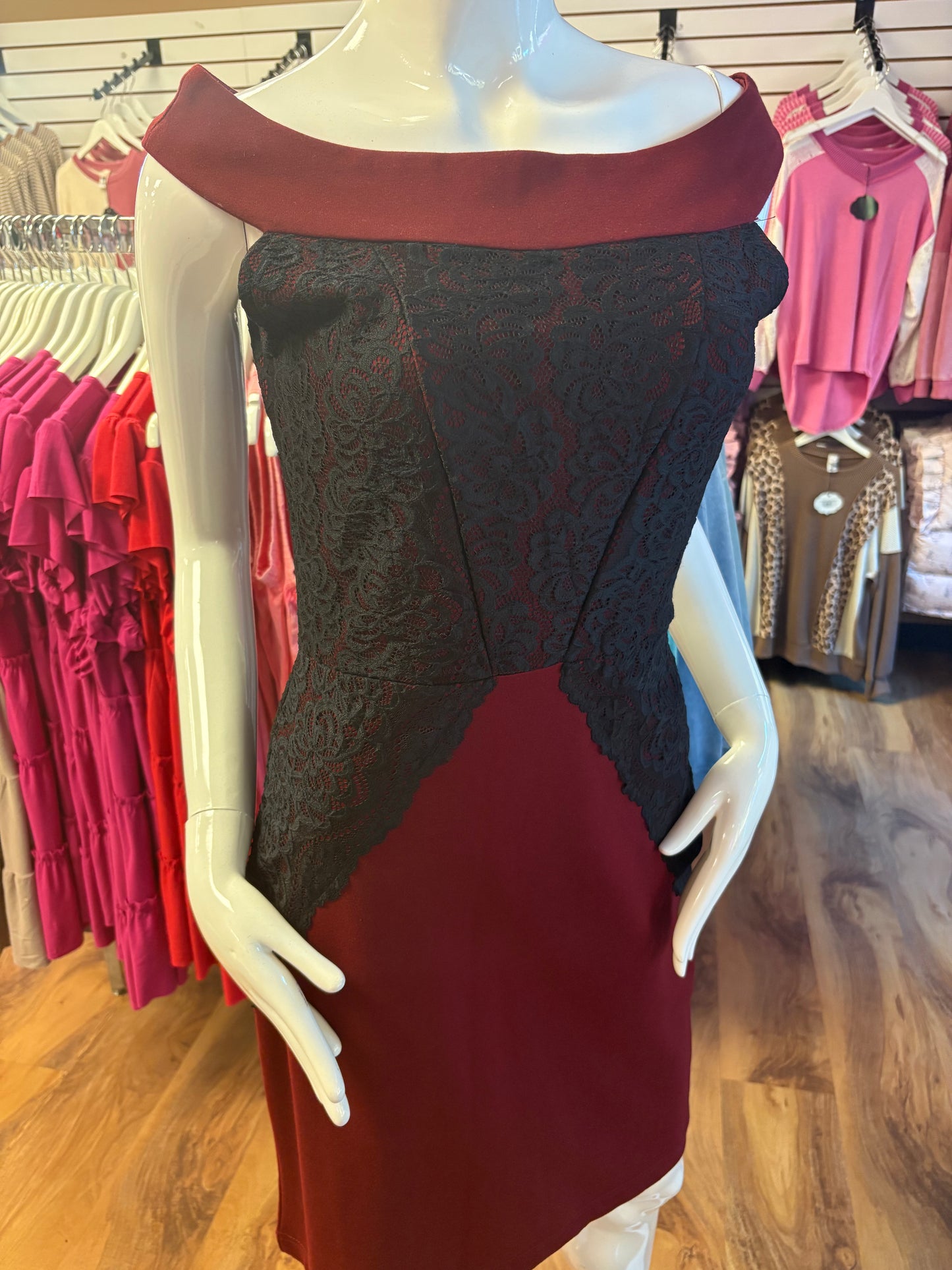 Papillon Burgundy Off Shoulder Lace Detail Dress