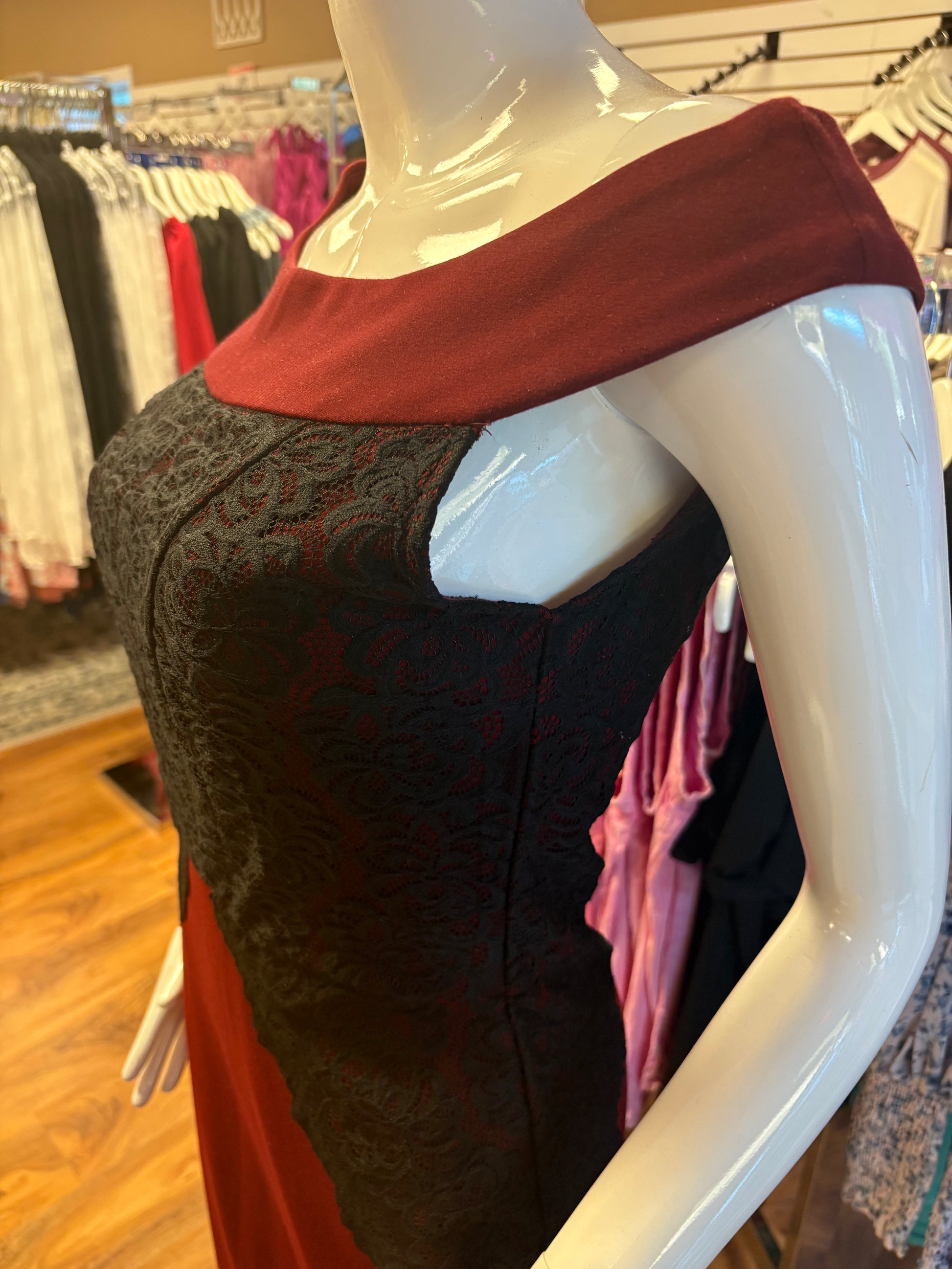 Papillon Burgundy Off Shoulder Lace Detail Dress