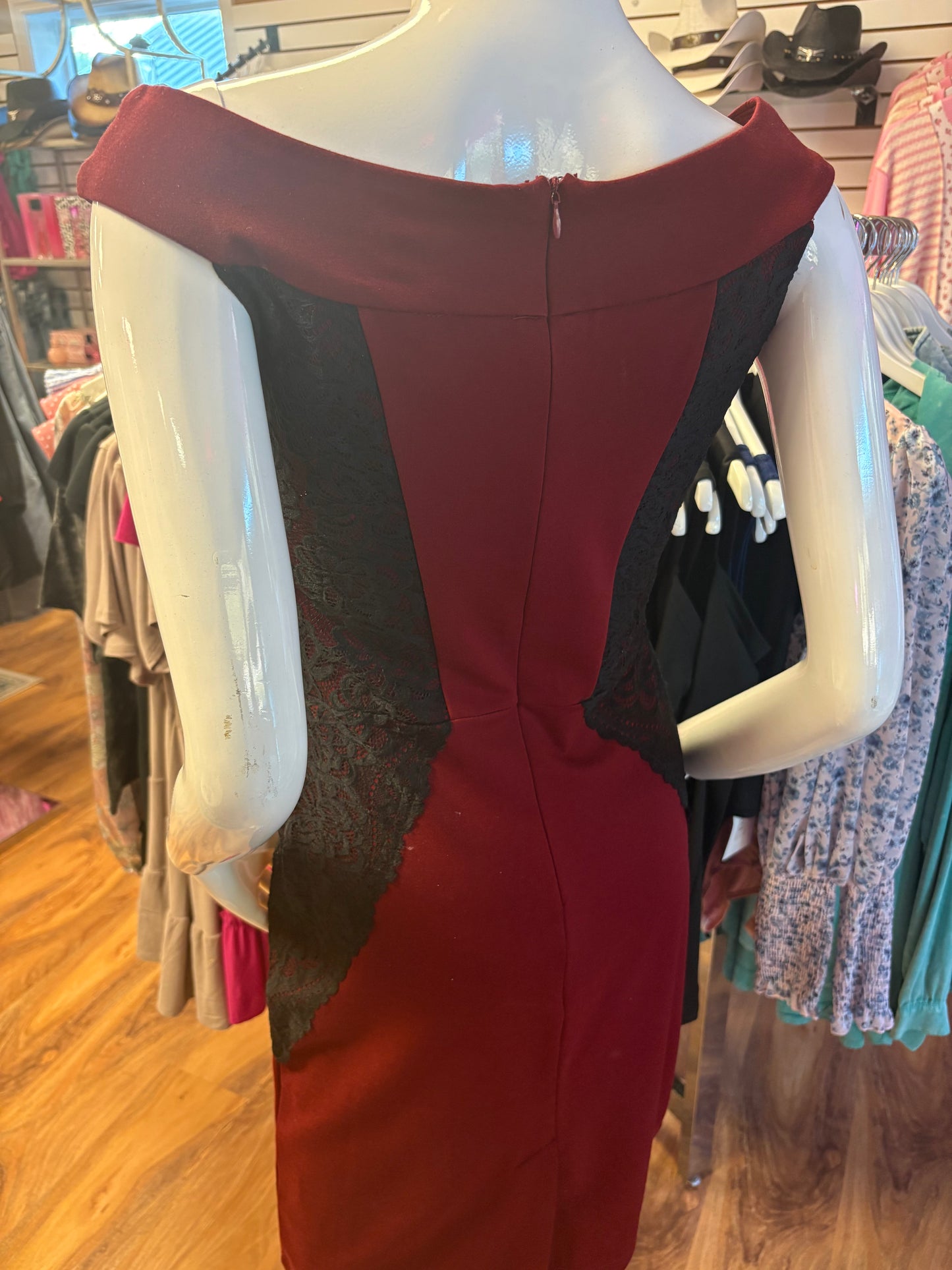 Papillon Burgundy Off Shoulder Lace Detail Dress