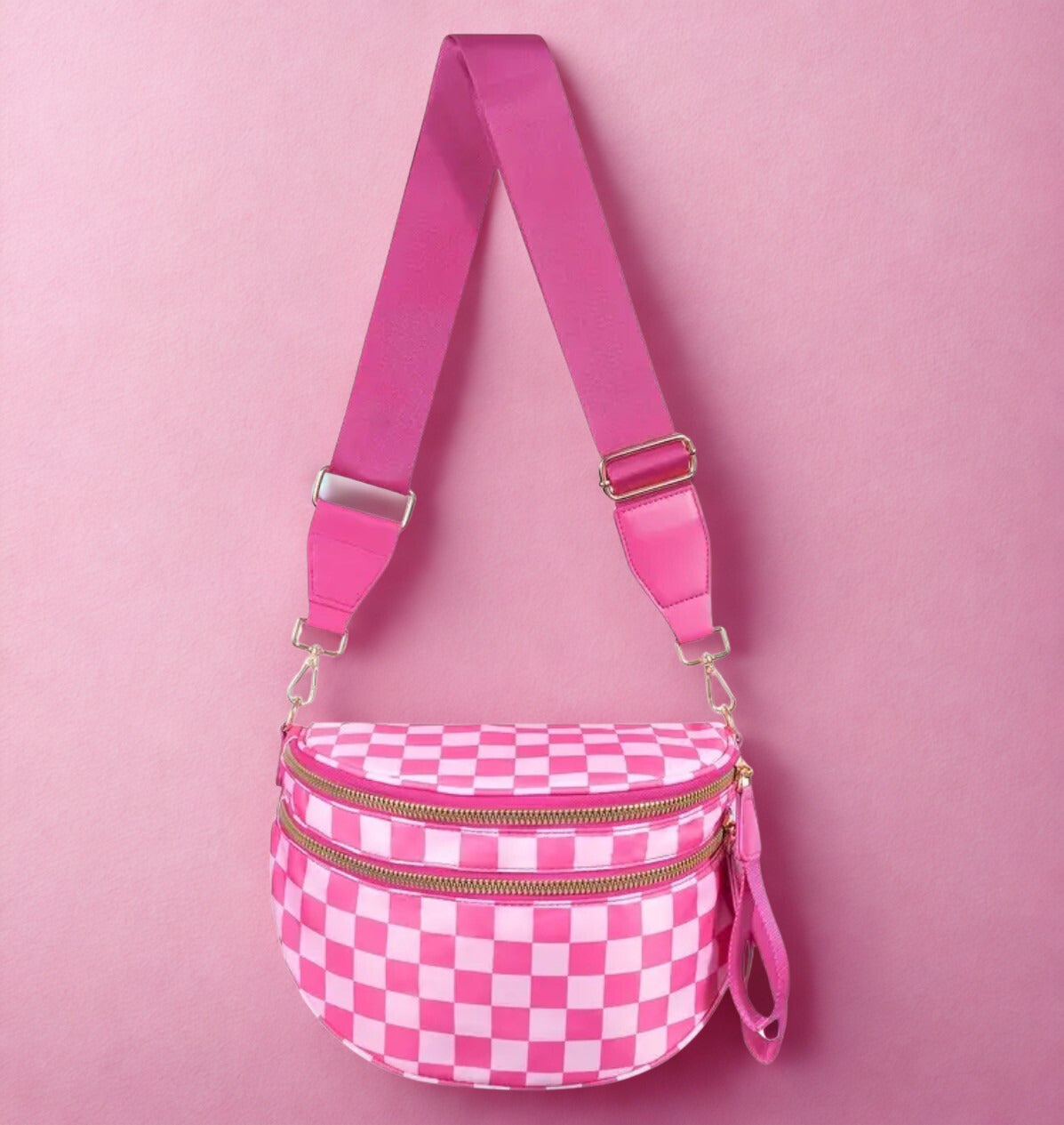 Large Pink Checkered Cross Body Bag