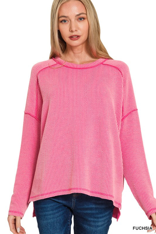 Raised Rib Raw Edge Boat Neck Long Sleeve Top