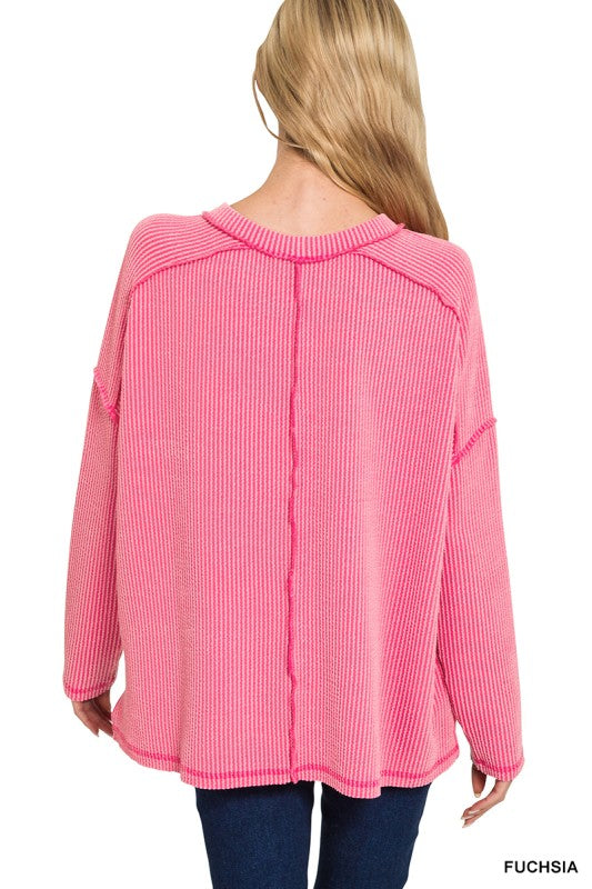 Raised Rib Raw Edge Boat Neck Long Sleeve Top