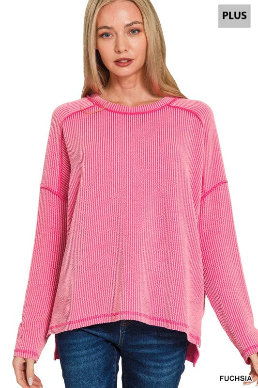 Plus, Raised Rib Raw Edge Boat Neck Long Sleeve Top