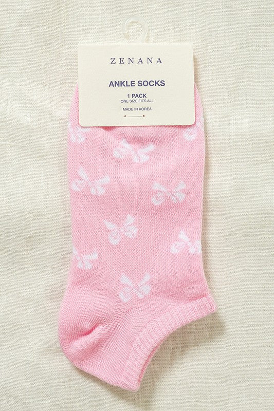 Zenana Bow Printed Cotton Ankle Socks