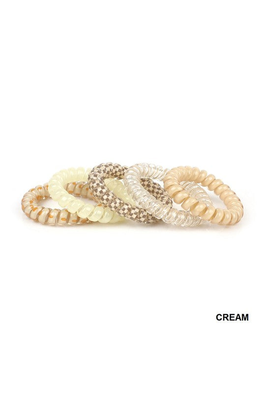 Solid, Flower, Checker, Hair Coil Ties, Mix of 5 Cream