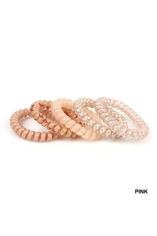 Solid, Flower, Checker, Hair Coil Ties, Mix of 5 Pink