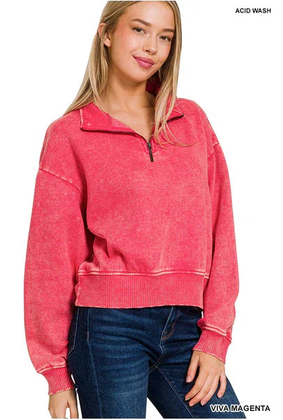 ACID WASH FLEECE HALF ZIP PULLOVER pullover VIVA Magenta